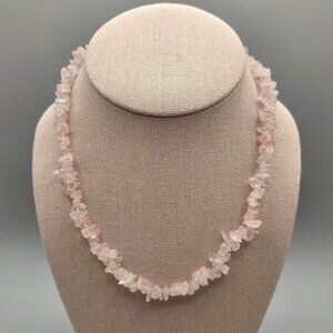 Rose Quartz Chip Bead Necklace With Gold Tone Barrel Clasp 17 Inch